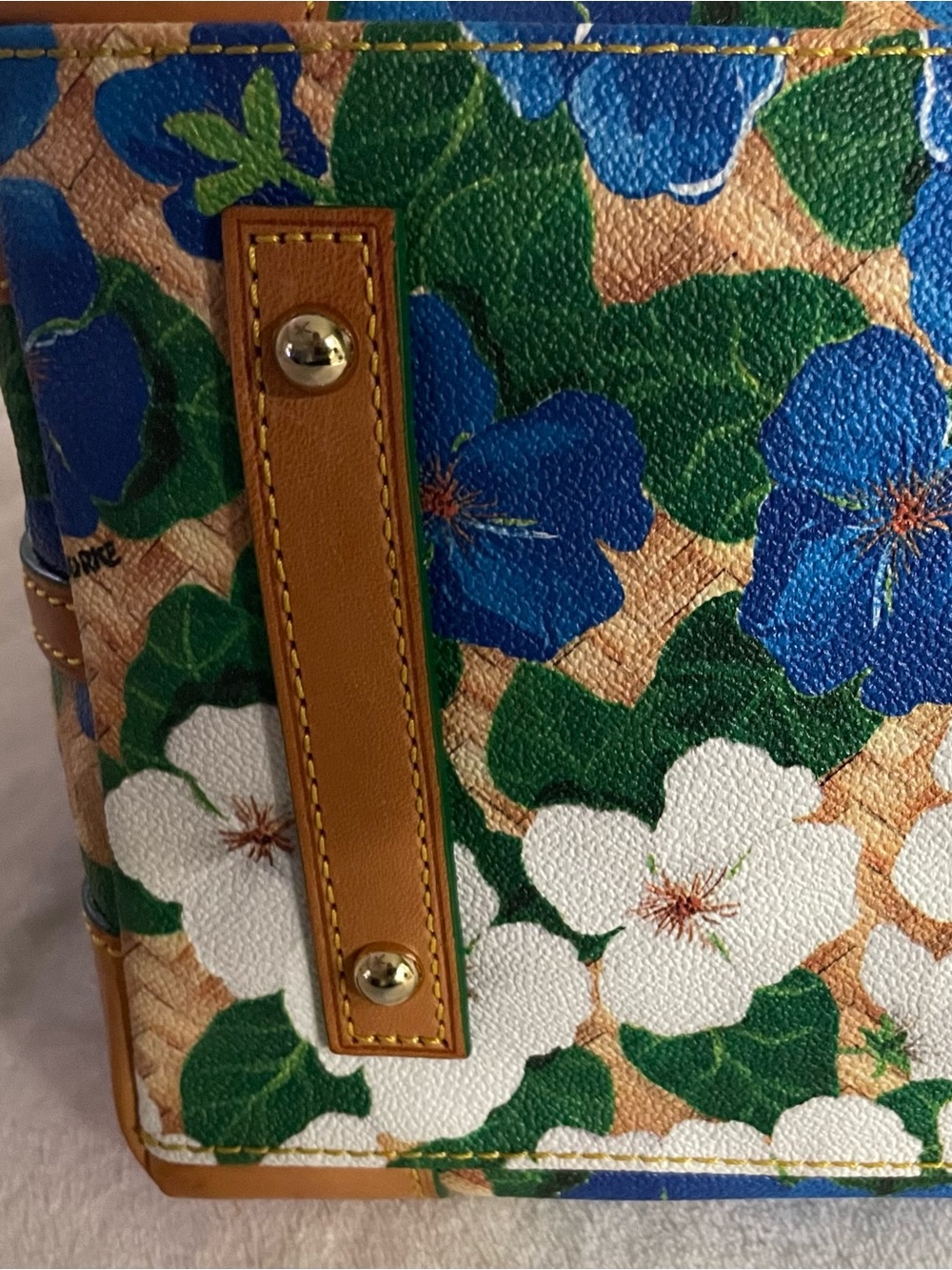 Dooney & Bourke satchel blue & white Pansies with a basket weave background. - Picture 10 of 15